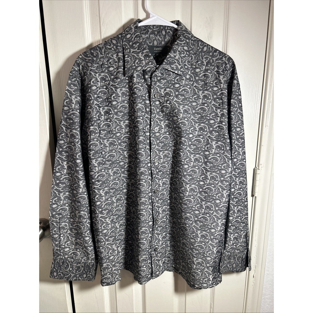 Zanella Men's XL Shirt Taupe Black Gray Paisley Cotton/Silk Blend Made in Italy
